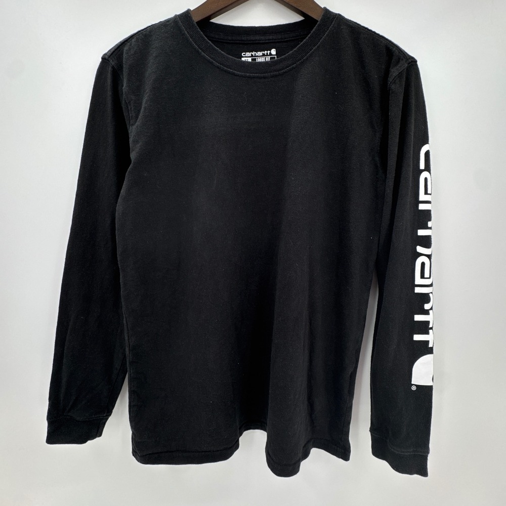Carhartt Logo Sleeve Graphic T-Shirt Womens XS Black Knit Knit Cotton Loose Fit